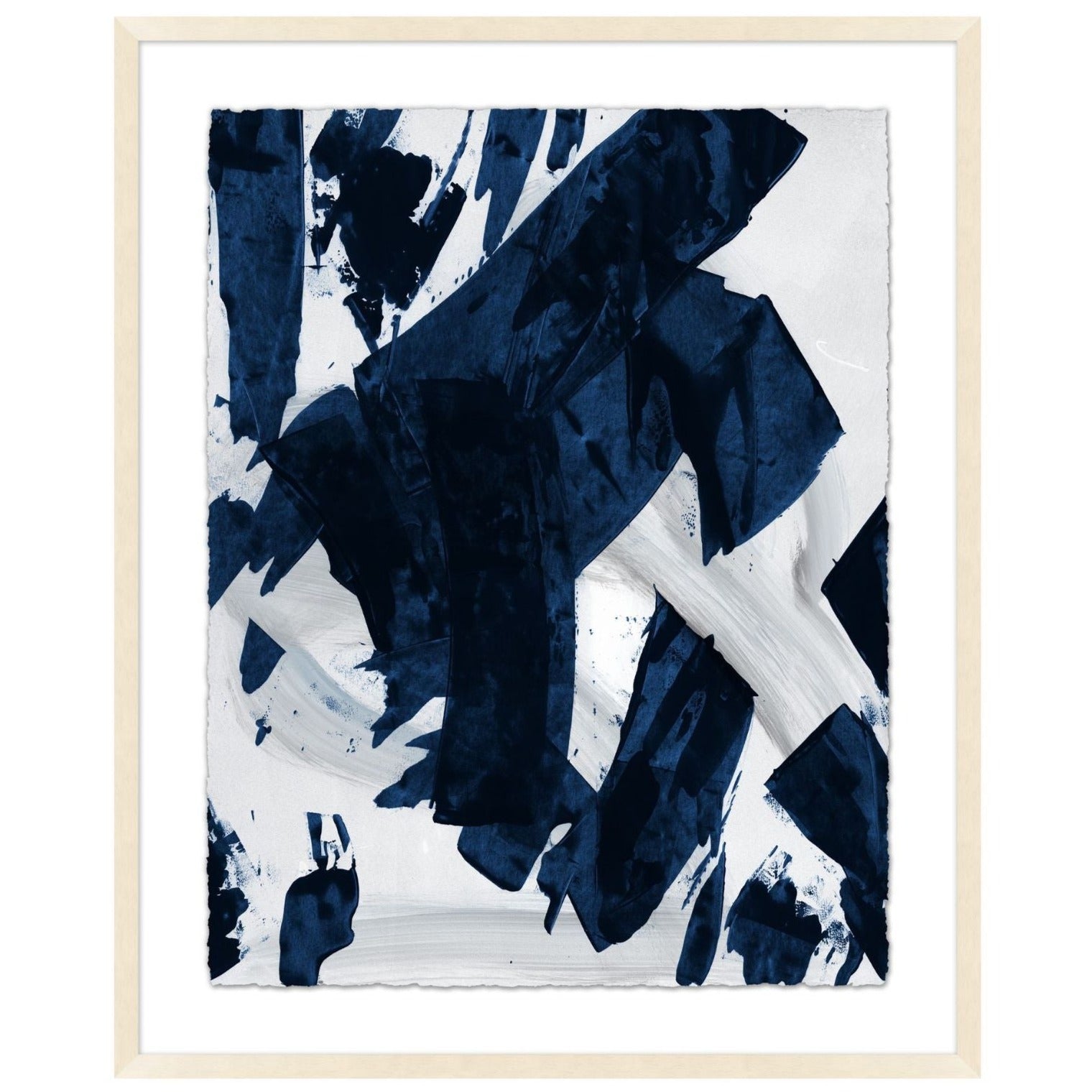 Shades of dark blue different size irregular rectangle like overlays on top of same in off white colors in background.