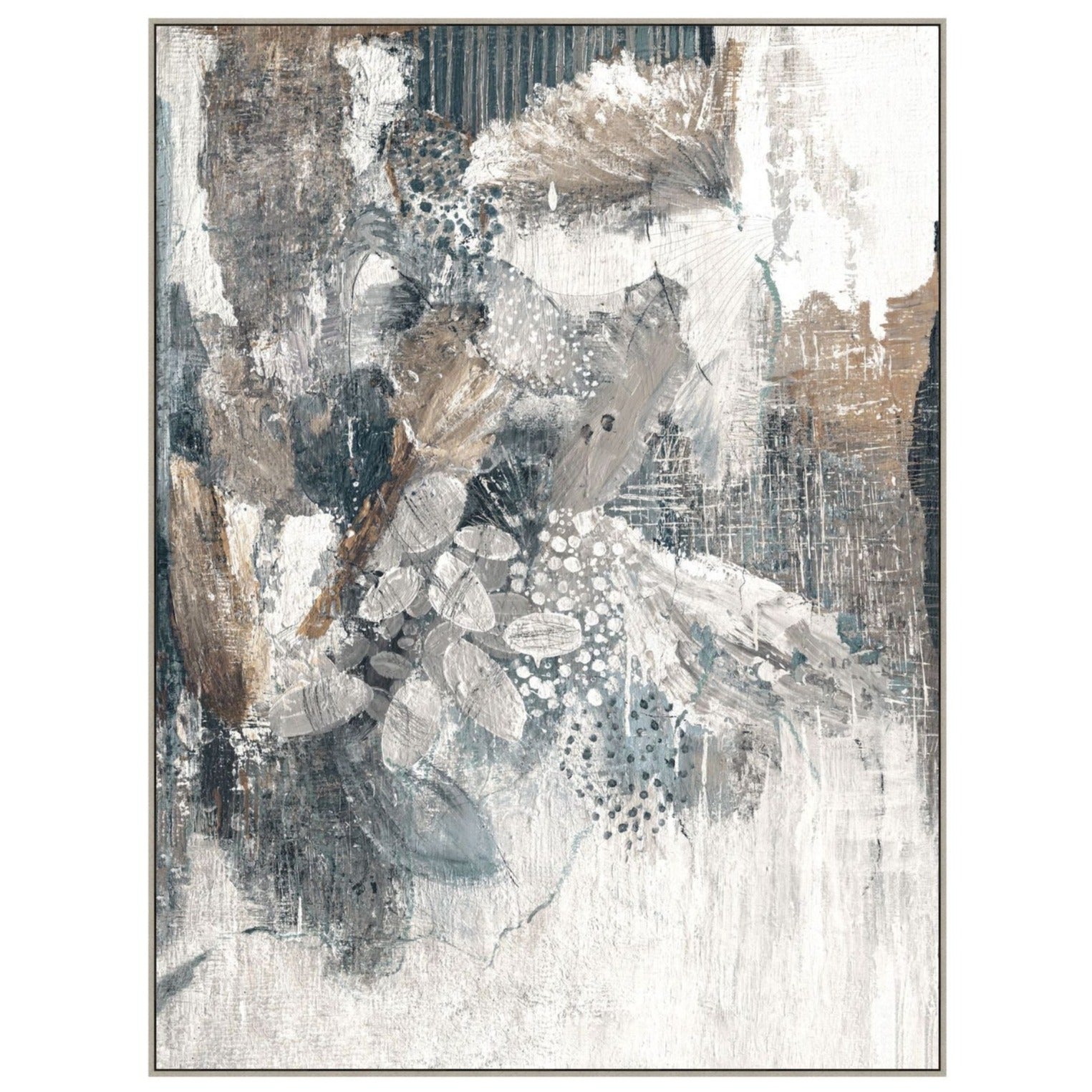 Beautiful art of abstract like forms resembling ocean bottom with corals, seaweeds, shells and other organisms floating in an abstract ocean of plankton. All in varying tones of black, grey, white and browns.