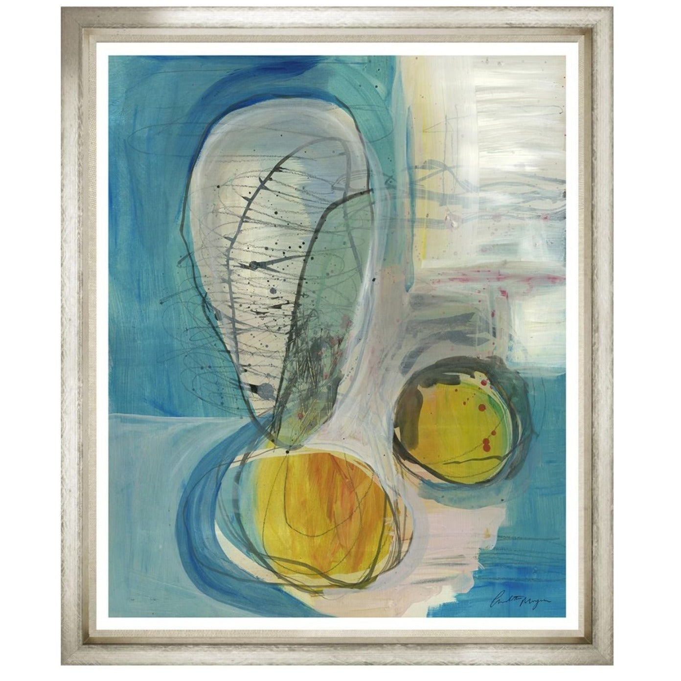 Series of four art pieces all with different round, oval, oblong, etc dispersed shapes of orange, blues, tans, browns , crems and off-whites