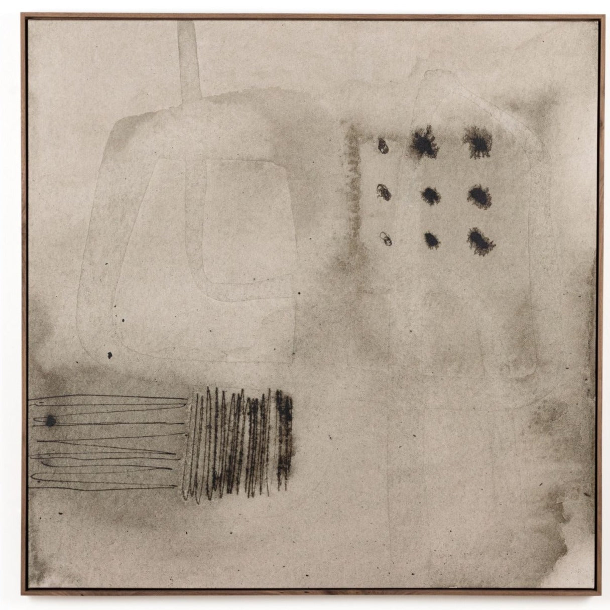 Muted brown canvas with series of 3 rows and 3 columds black painted ddots in right upper quarter. Lower left quarter has horizontal lines intersecting vertical black bruch thin brush strokes.