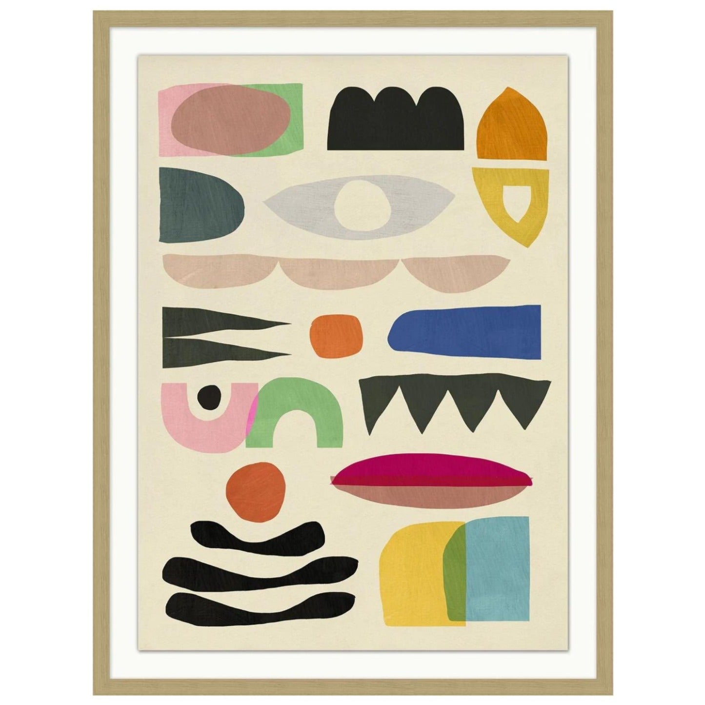 Randon colors and forms, 2 to 3 per row, 7 columns over brown solid background