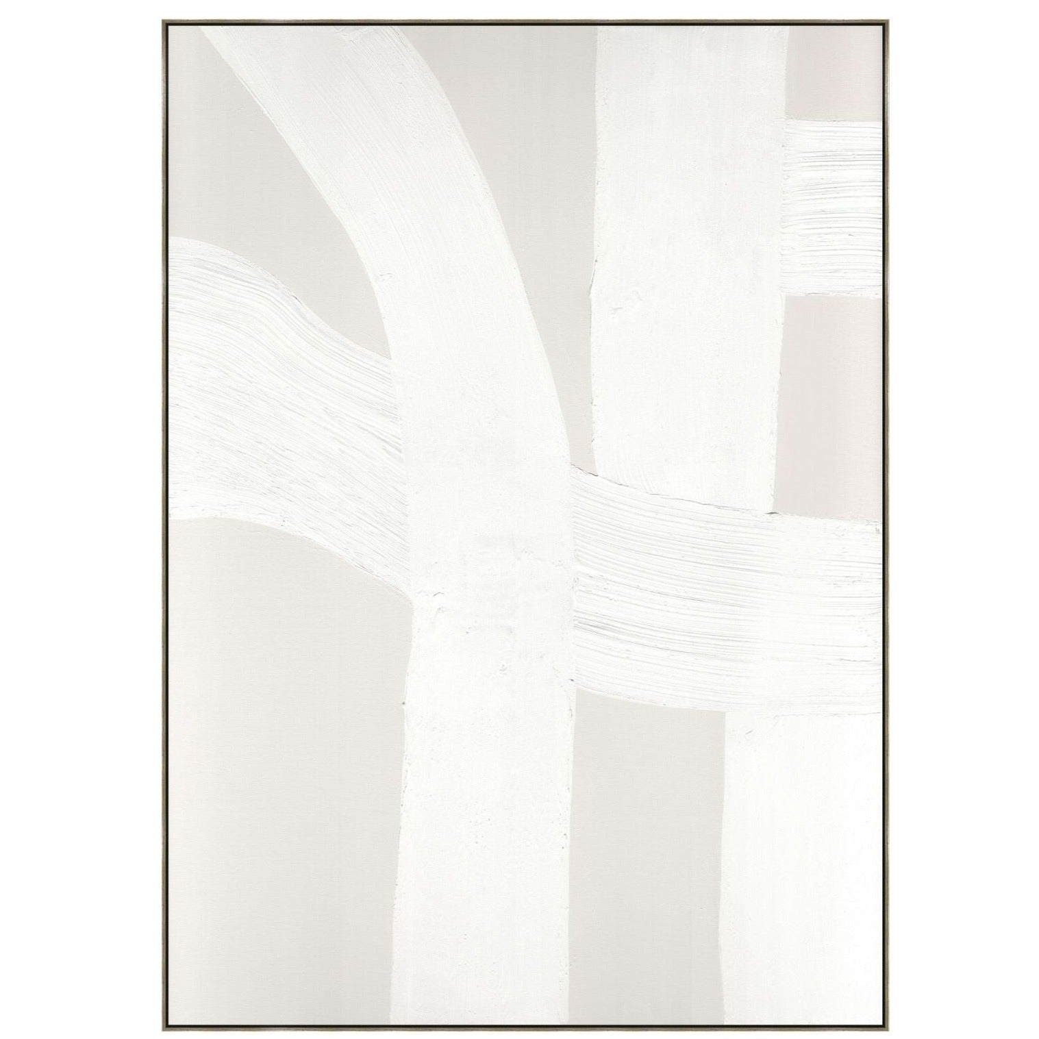 Light tan backgound with 3 -4 heavy brush white strokes running accross art