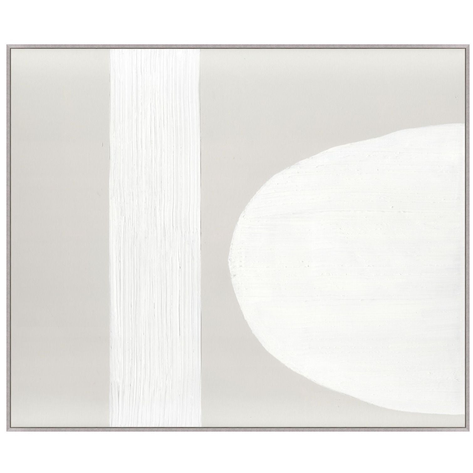 Tan background with extra wide thick white brush stoke running down full length on left third of art. On right side is 1/2 white egg shape from middleto edge.