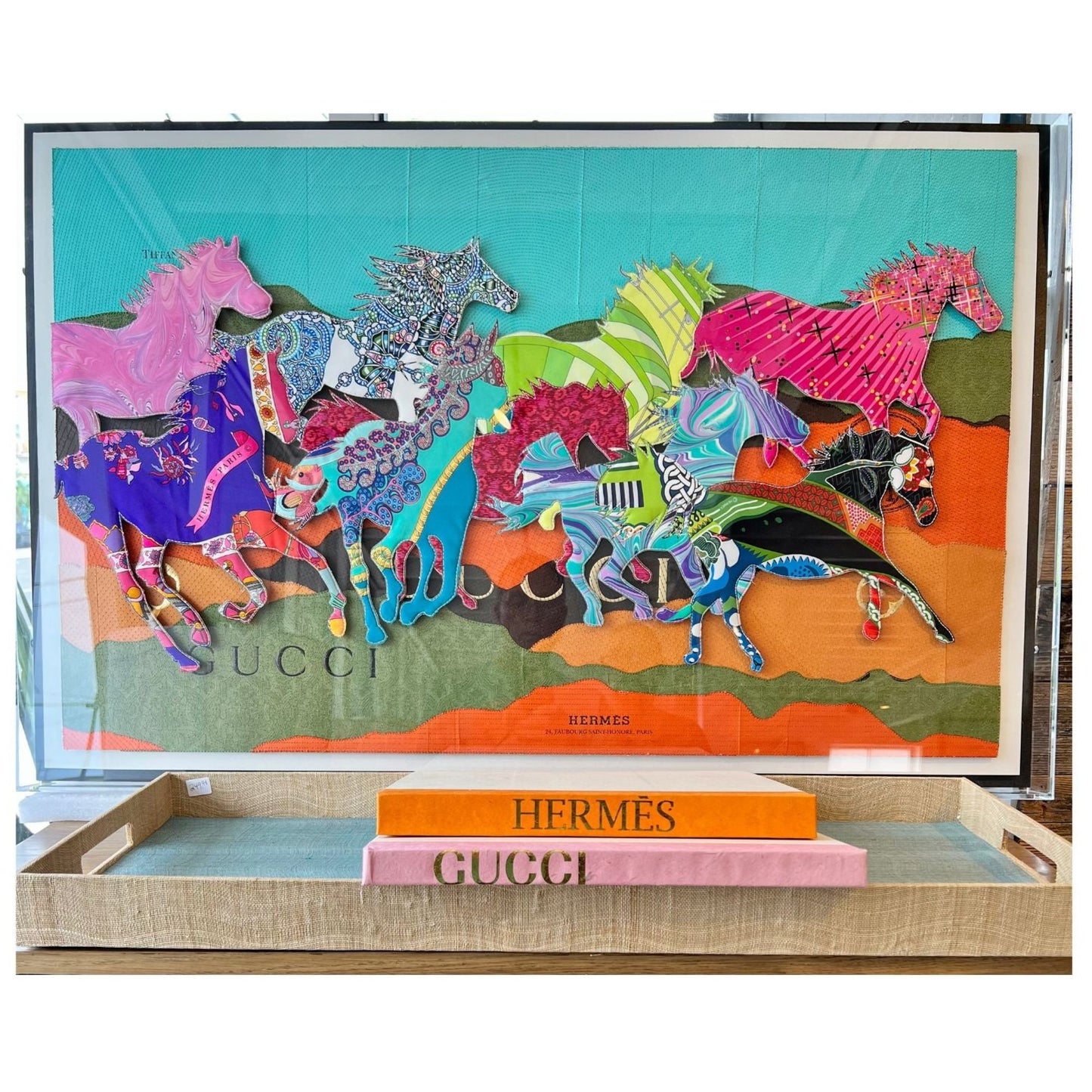 Herd of horses made ffrom Hermes and Cuchi scarves and background then embroidered with intricately designed Mounted in acrylic box