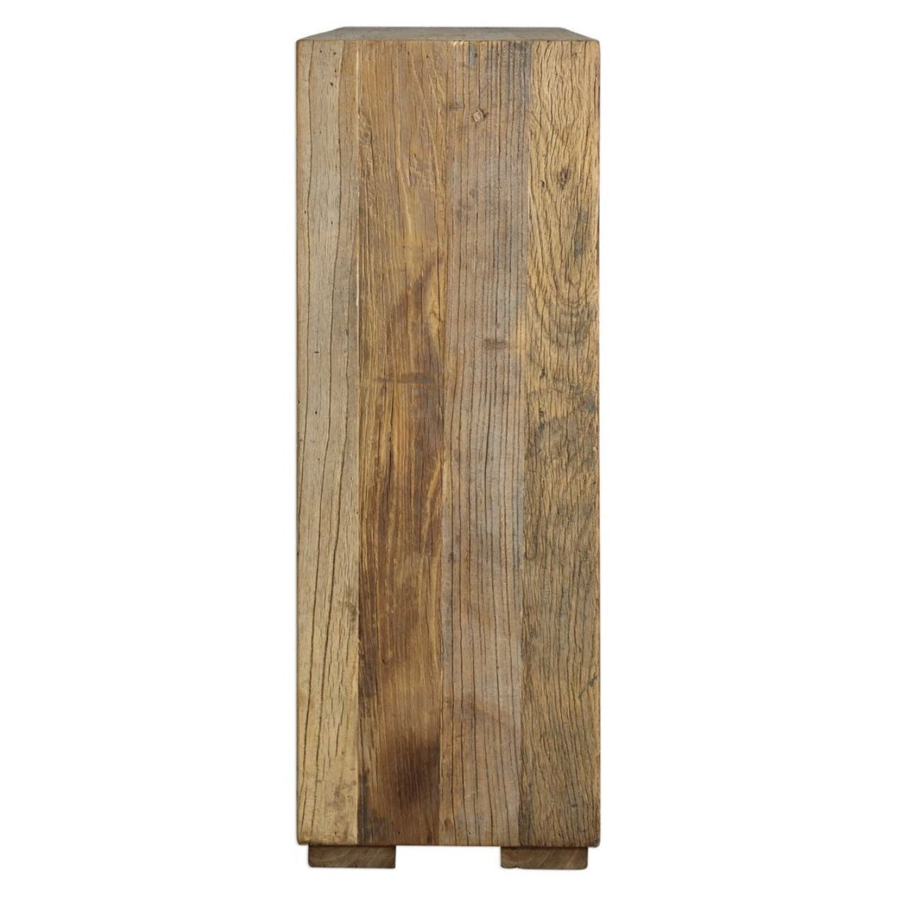 Photo of top of console showing distressed reclaimed uneven top.