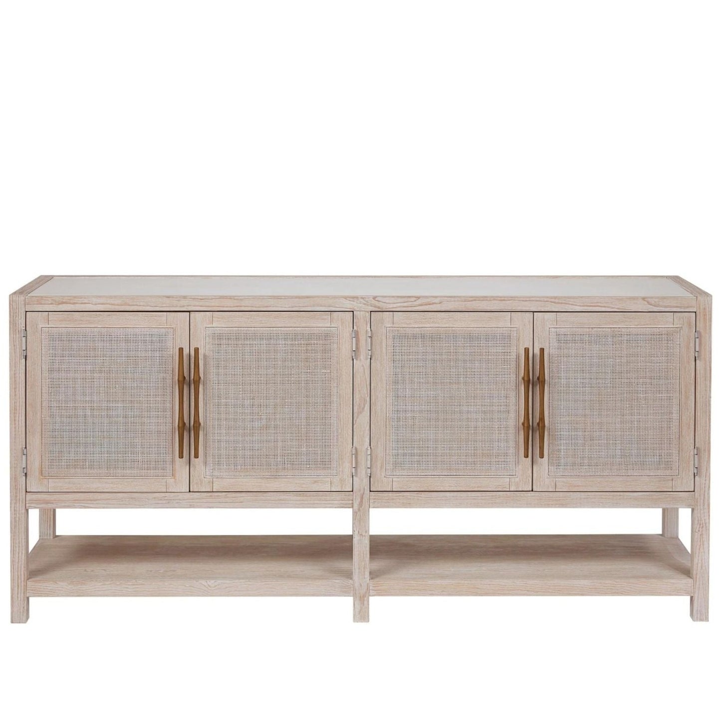 4 lightly textured doors accented with sleek gold hardware, open-air storage, two tray drawers and adjustable interior shelving, all finished in a serene, neutral hue. Unit has a shelf below doors.s.