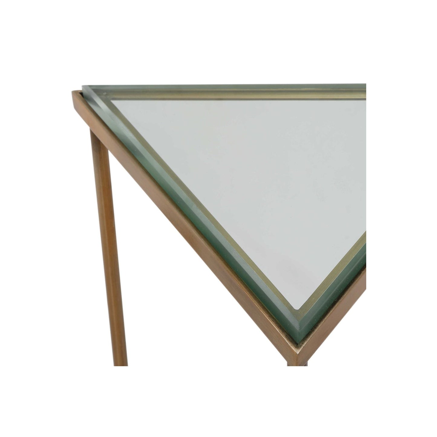 Shows drink table from top view. Gold metal triangle frame and thick glass shelf.