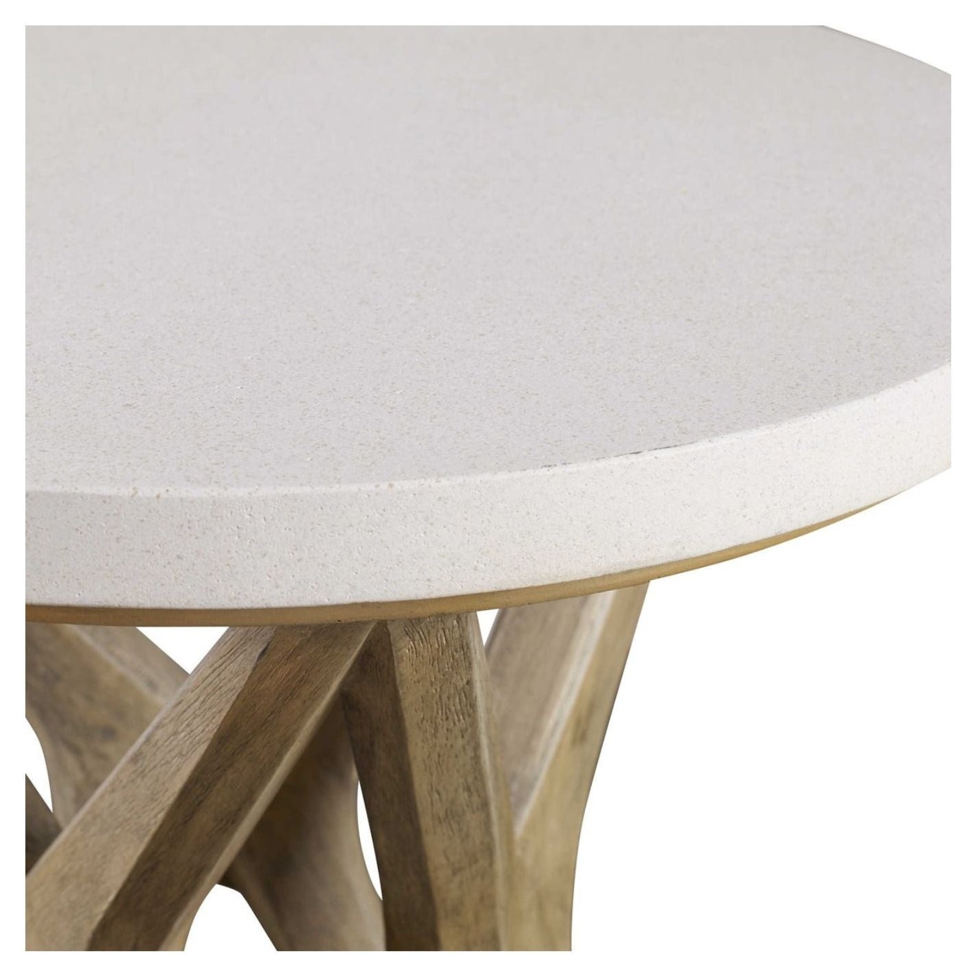 Close up photo of round limestone table top.