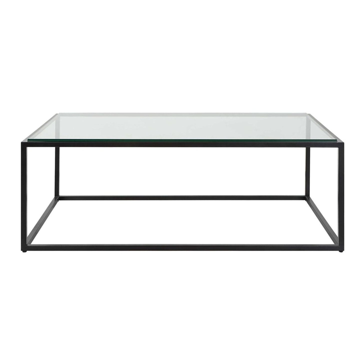 This is a modern coffee table sports a streamline iron frame finished in satin black paired with an inset tempered glass top.