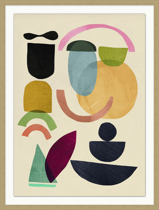 Randon colors and forms, 2 to 3 per row, 7 columns over brown solid background