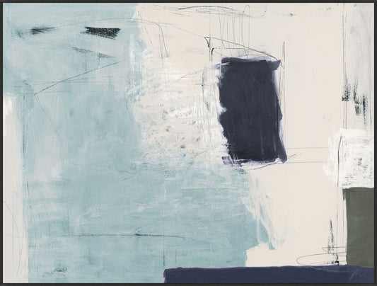 Pairs well with Abstract Study. Black vertical free form black rectangle in upper right corner , brown rectangle-ish shape in bottom quarter over off white background over portion of right side. Left side to middle is overlay thin uneven layer of light blue color