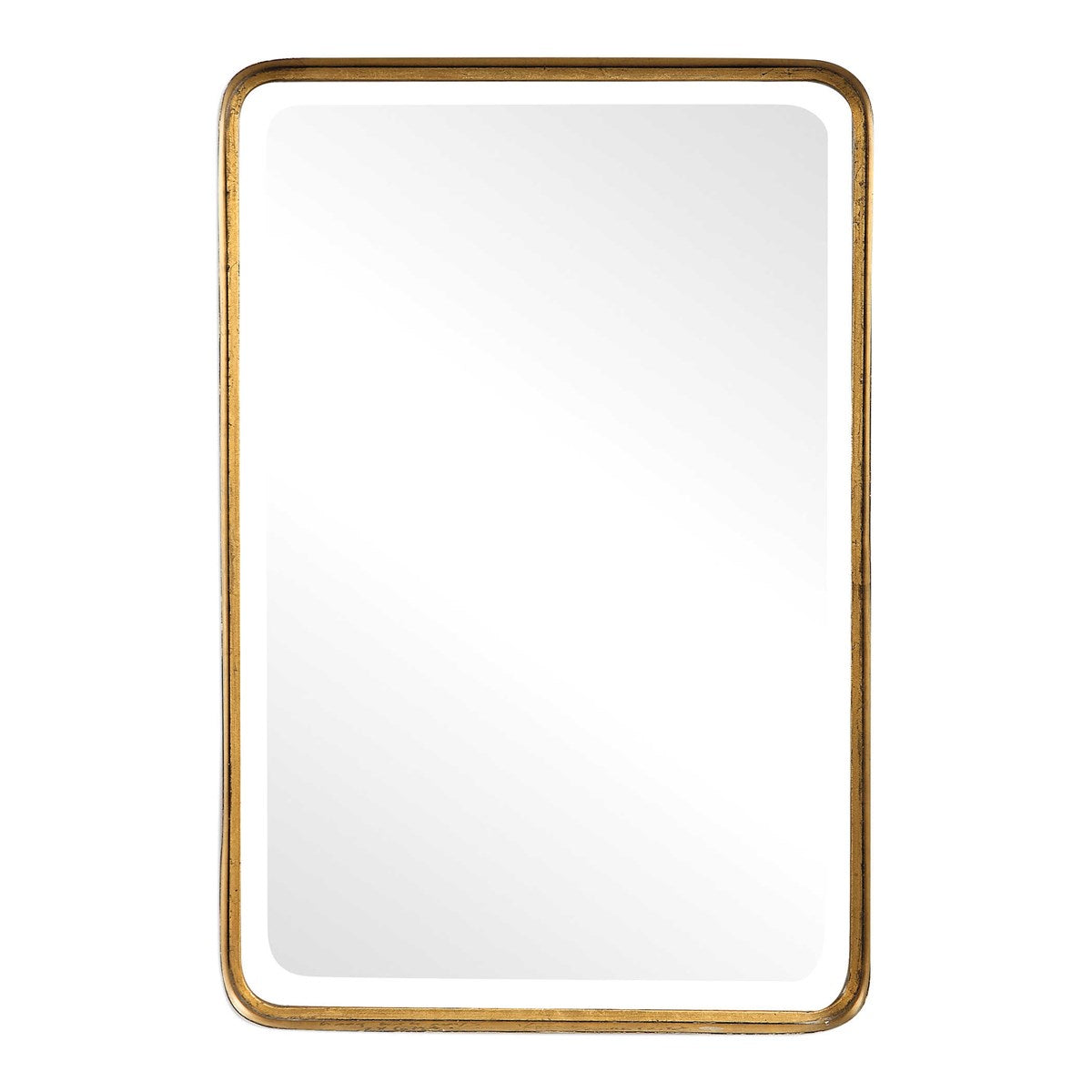 Antique gold lead mirror floating on white background.