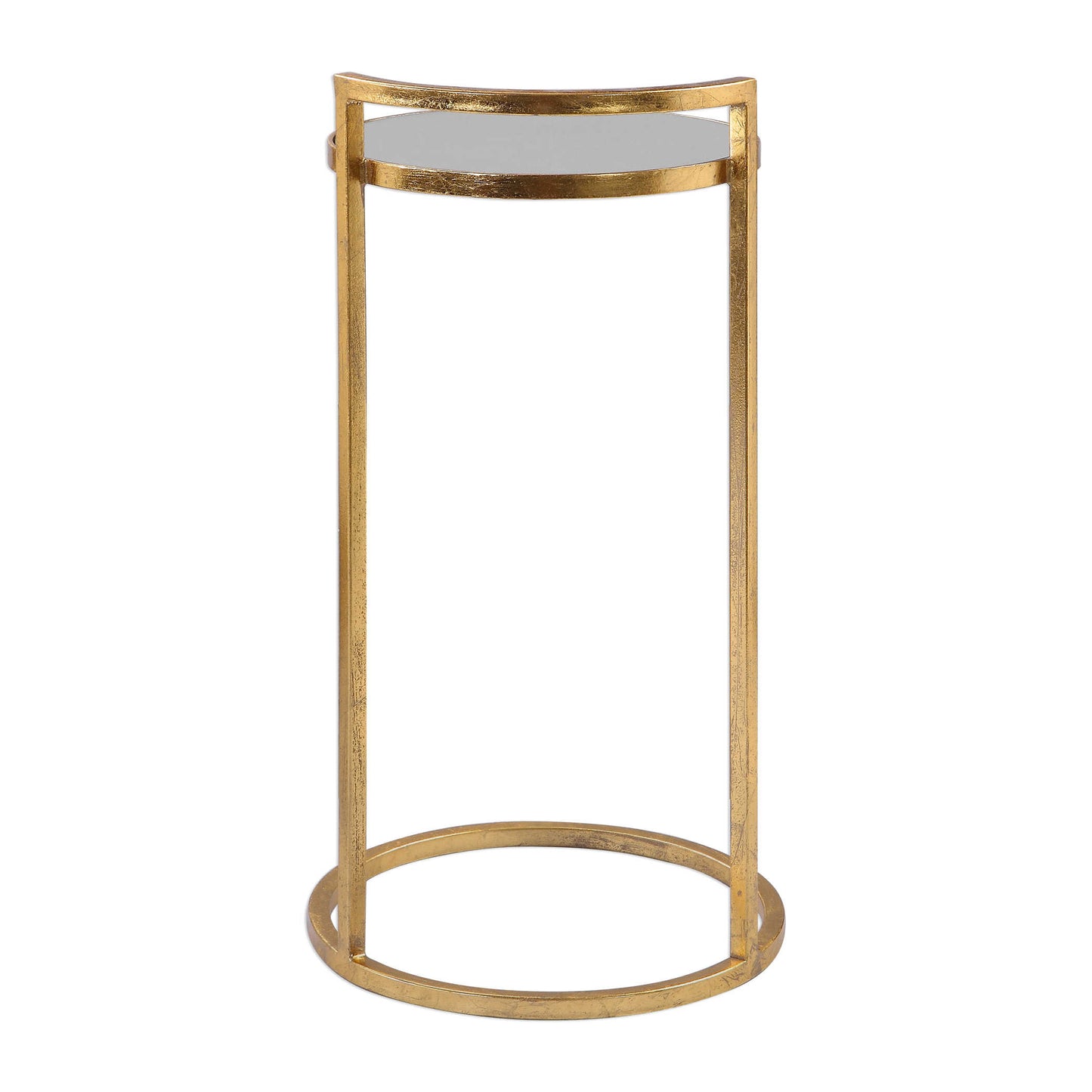 A mall accent table finished with gold leaf all around a circular frame.