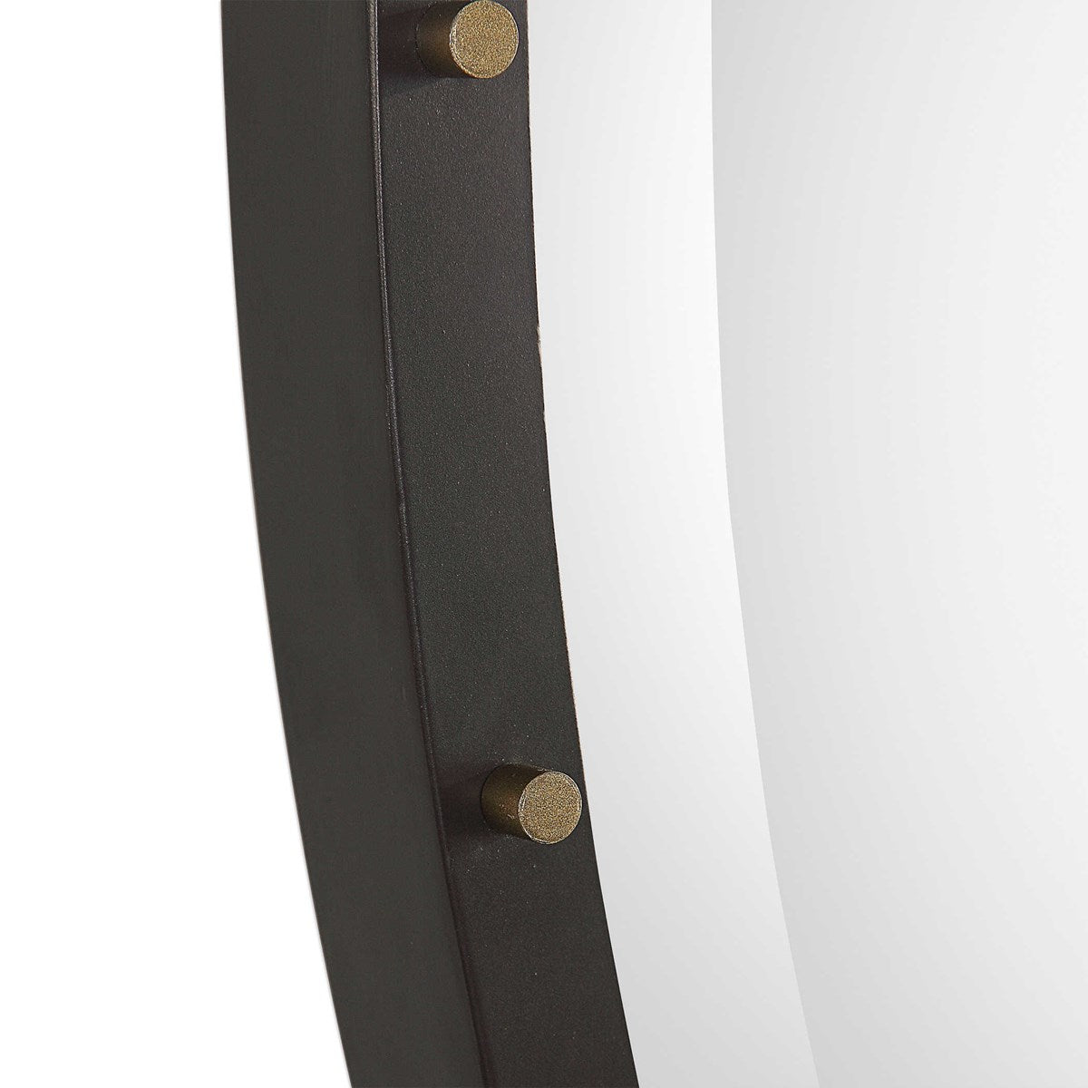 Industrial black frame with gold accents.