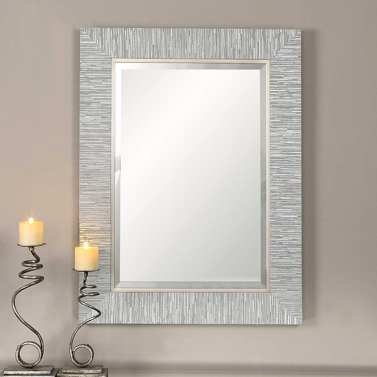 Light blue wall mirror silver handing.