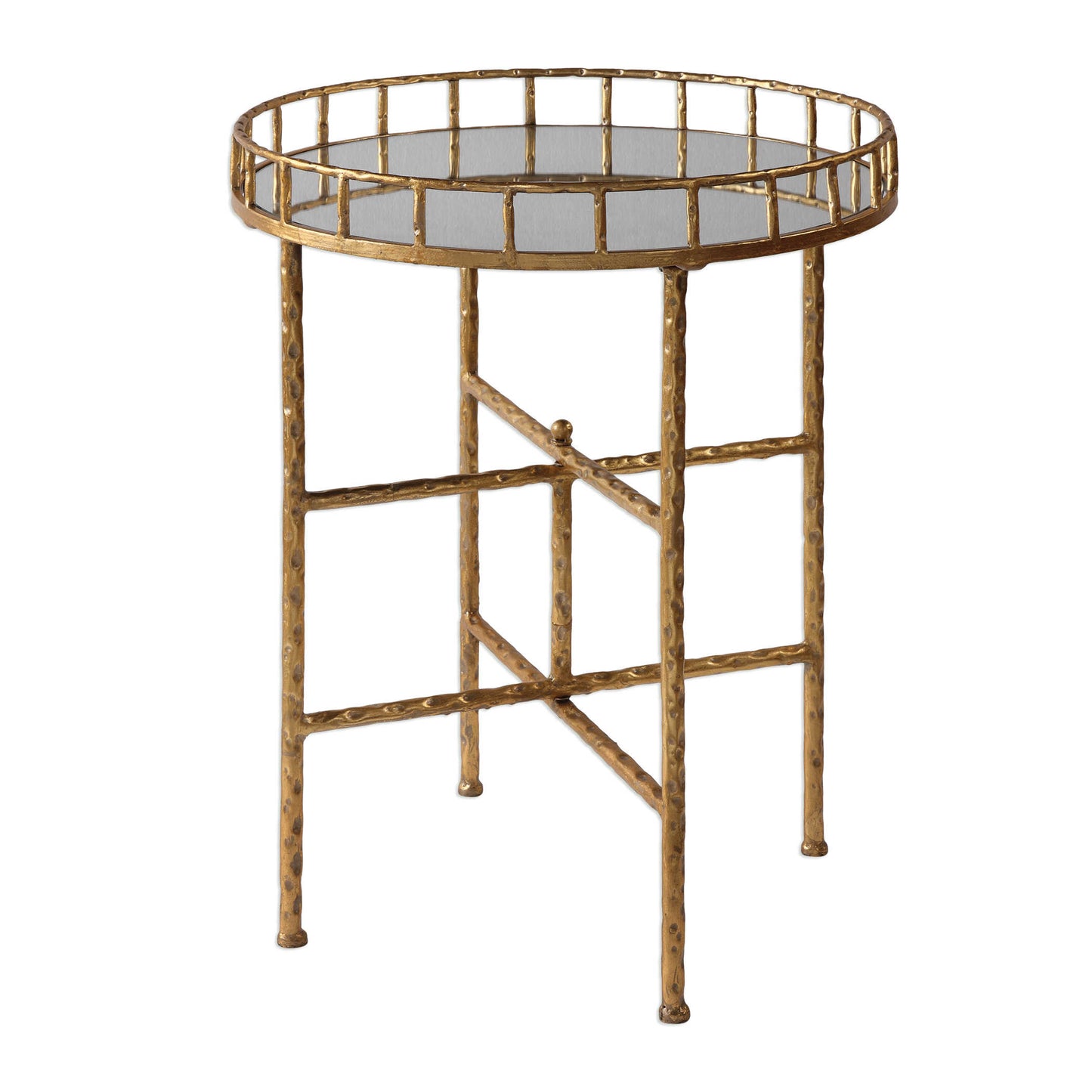 Mirrored bar cart with gold frame.