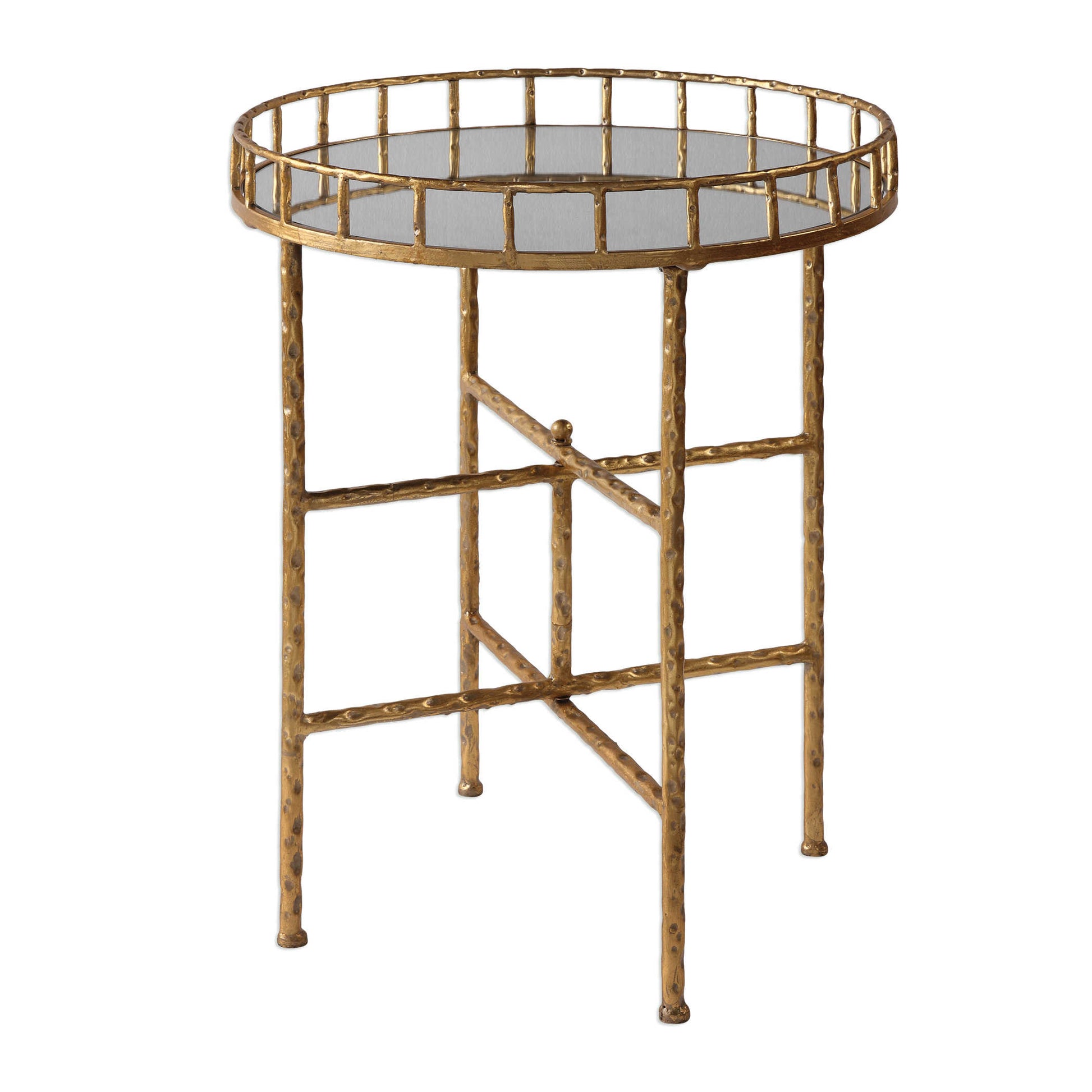 Mirrored bar cart with gold frame.