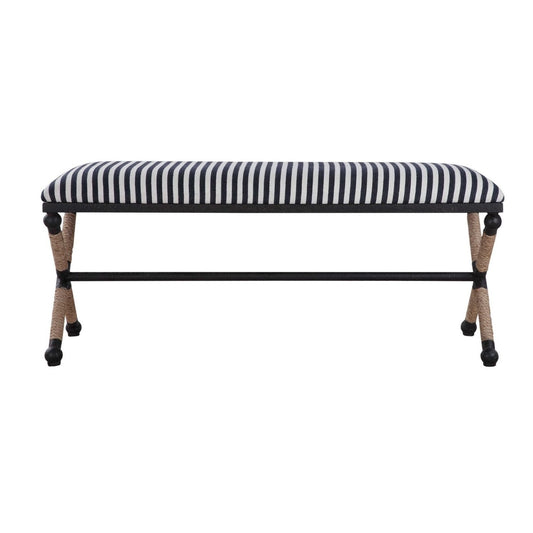 Nautical striped bench navy and white with coastal mirror and olive tree.