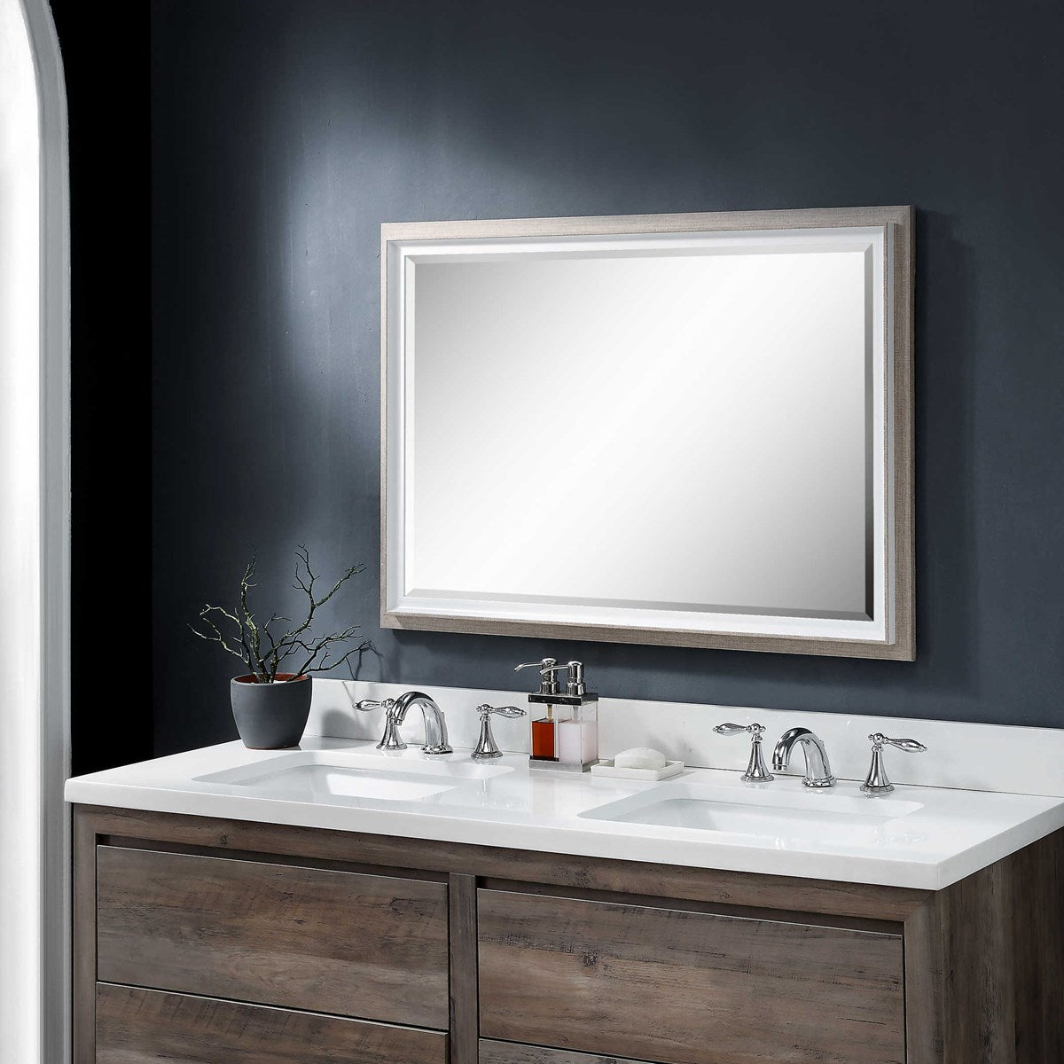 Horizontal silver bathroom vanity mirror.
