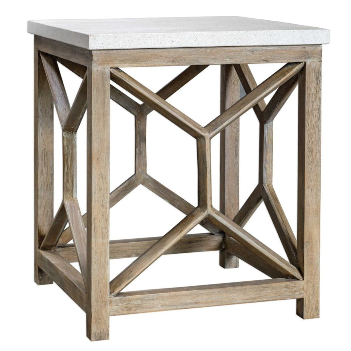 A square accent table with a geometric base and a natural ivory limestone top.