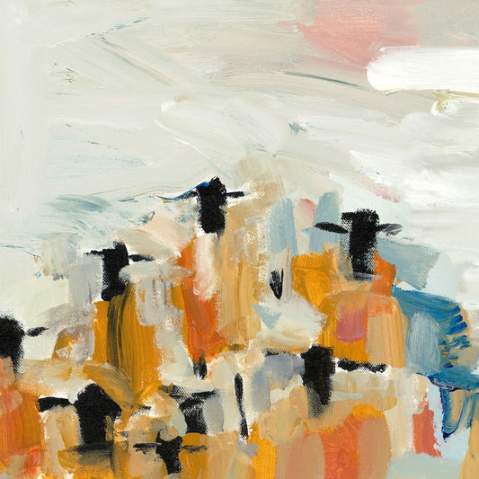 A Canvas wrapped Giclee of what appears to be a flock of abstract sheep staring at you. The colors are muted plenaire style of orange cast bodies, blues, black faces and shades of blue and off white backgrounds.