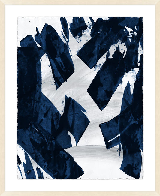 Shades of dark blue different size irregular rectangle like overlays on top of same in off white colors in background.