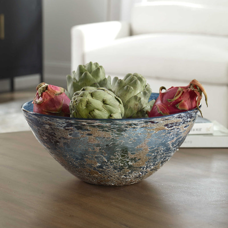 Aqua blown glass bowl with a textured volcanic white surface