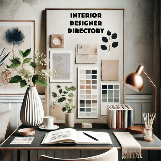 an interior designer inspiration board that reads interior design directory on a desk with plants and books and a lamp