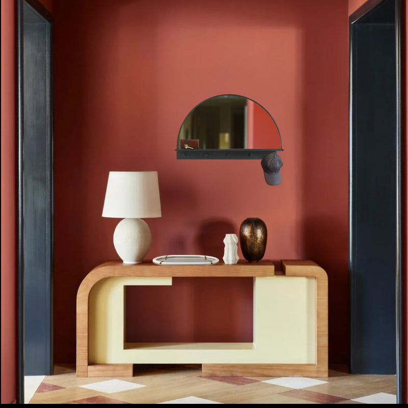 Entryway table in brown in red hallway.