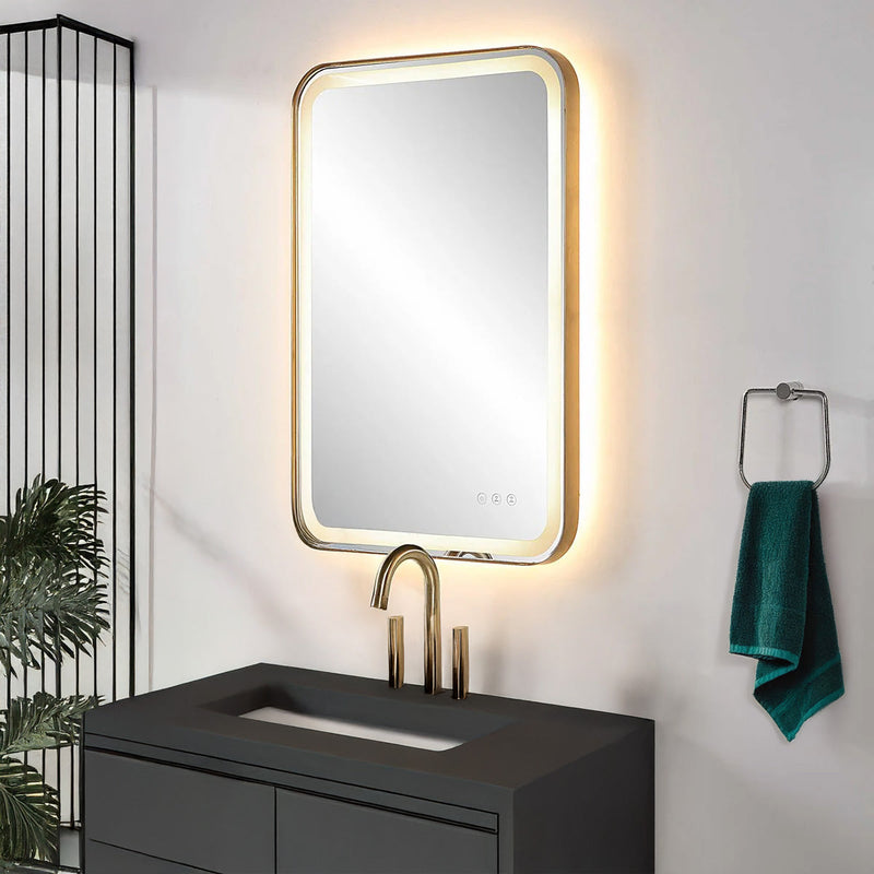 Gold Vanity Mirror over Black Vanity.