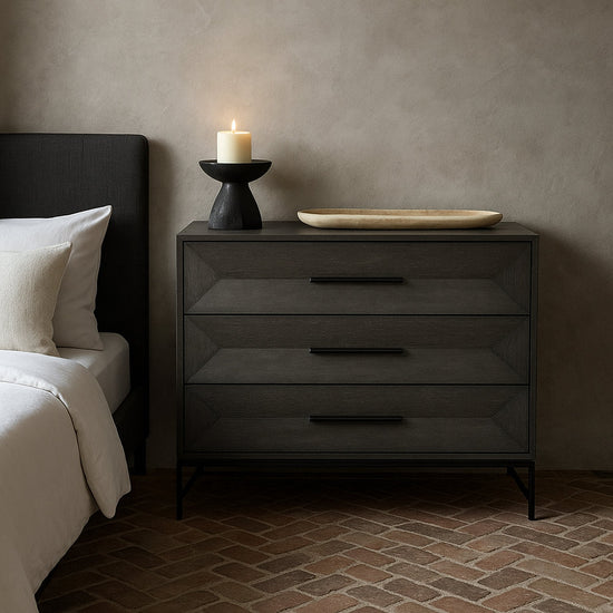 Gray Bedroom Dresser next to Bed.