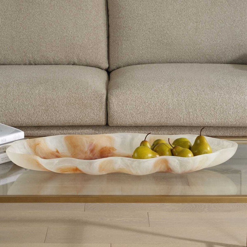 White marble coffee table tray with fruit. 