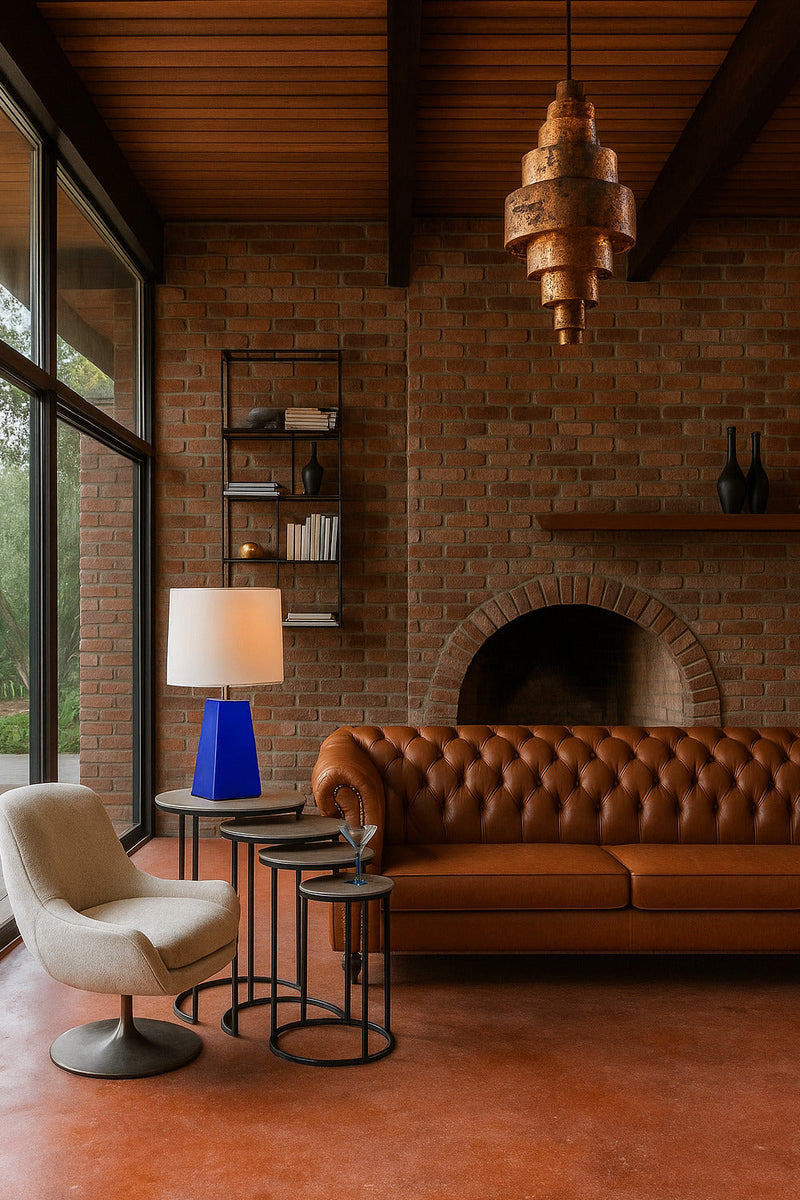 Mid-Century Modern Living Room with Cognac Leather Sofa