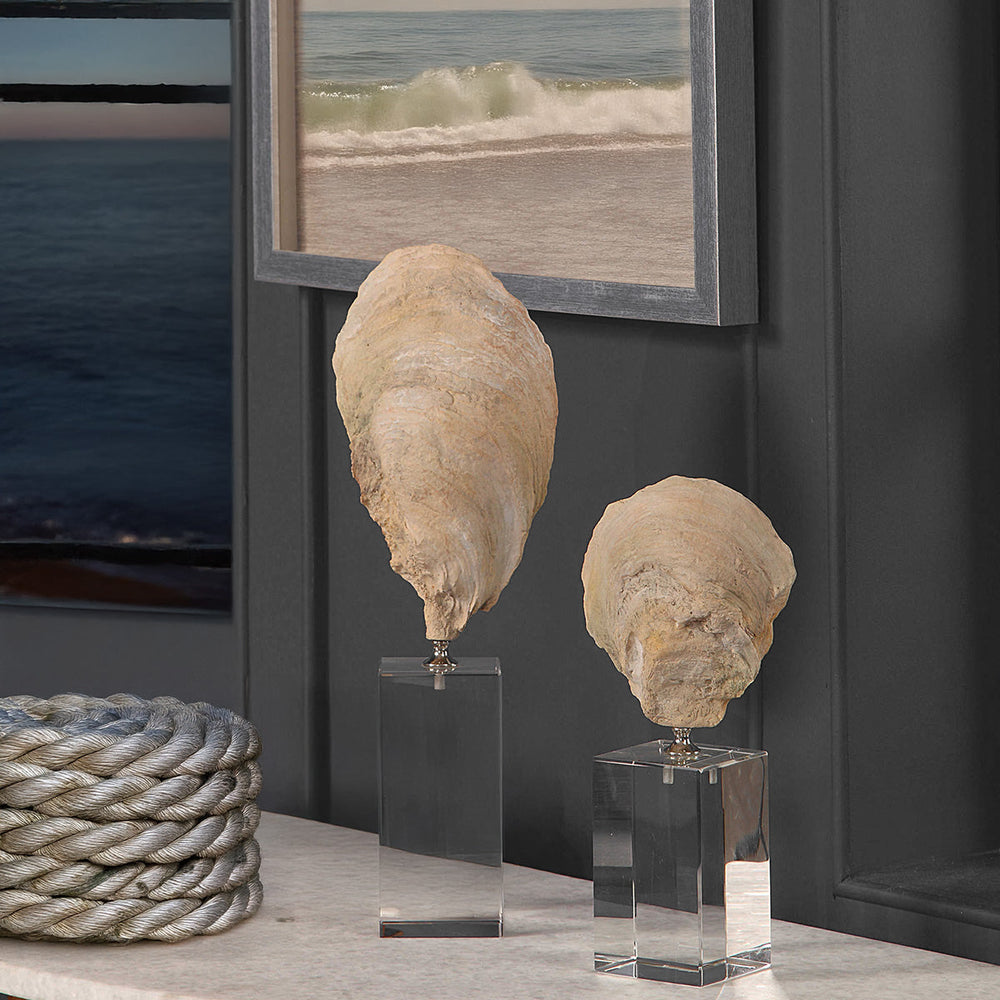 Two shell sculptures in font of a framed photo of the coast and nautical rope with an ocean view..