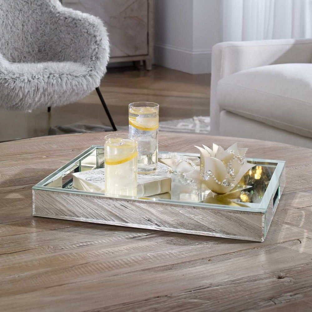 Rectangular Mirrored Tray on Rustic Coffee Table.