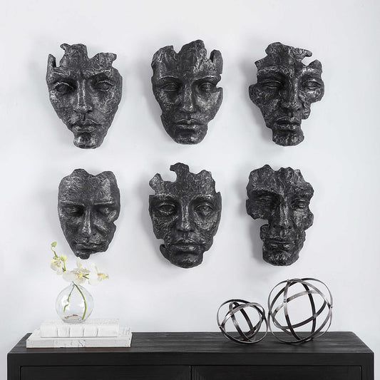 Faces Wall Decor, Gray, S/6