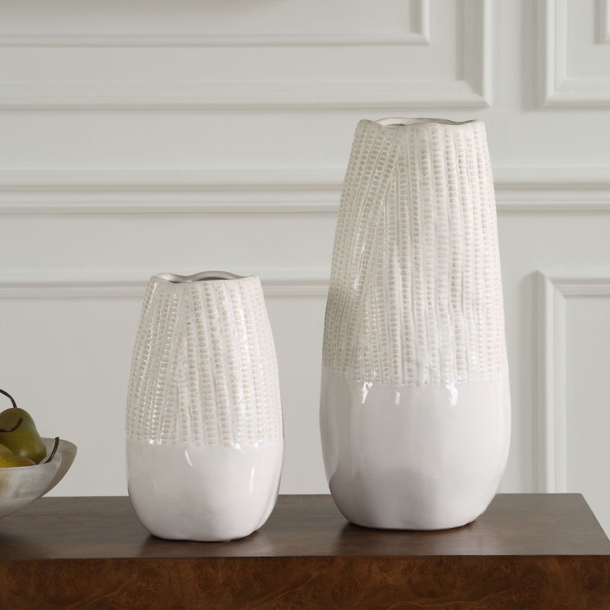 Textured Ceramic Vase Set, White and Caramel