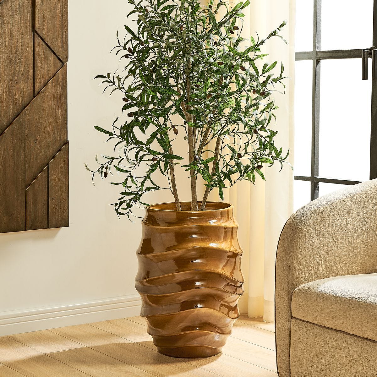 Ridged Ceramic Planter, Indoor Outdoor, Earth Glaze