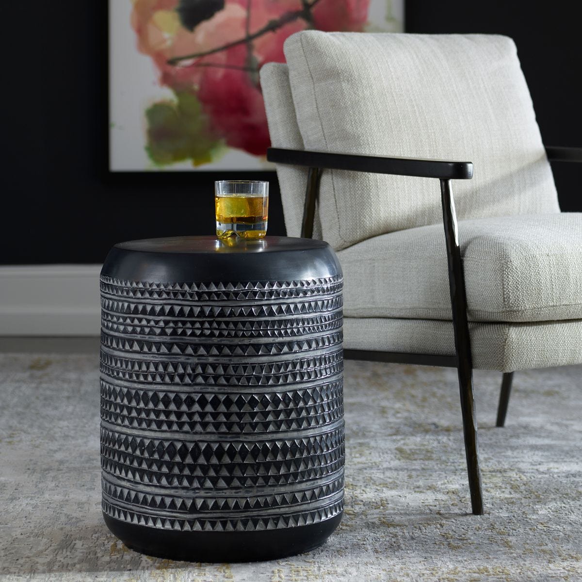 Black Pedestal Accent Table, Carved