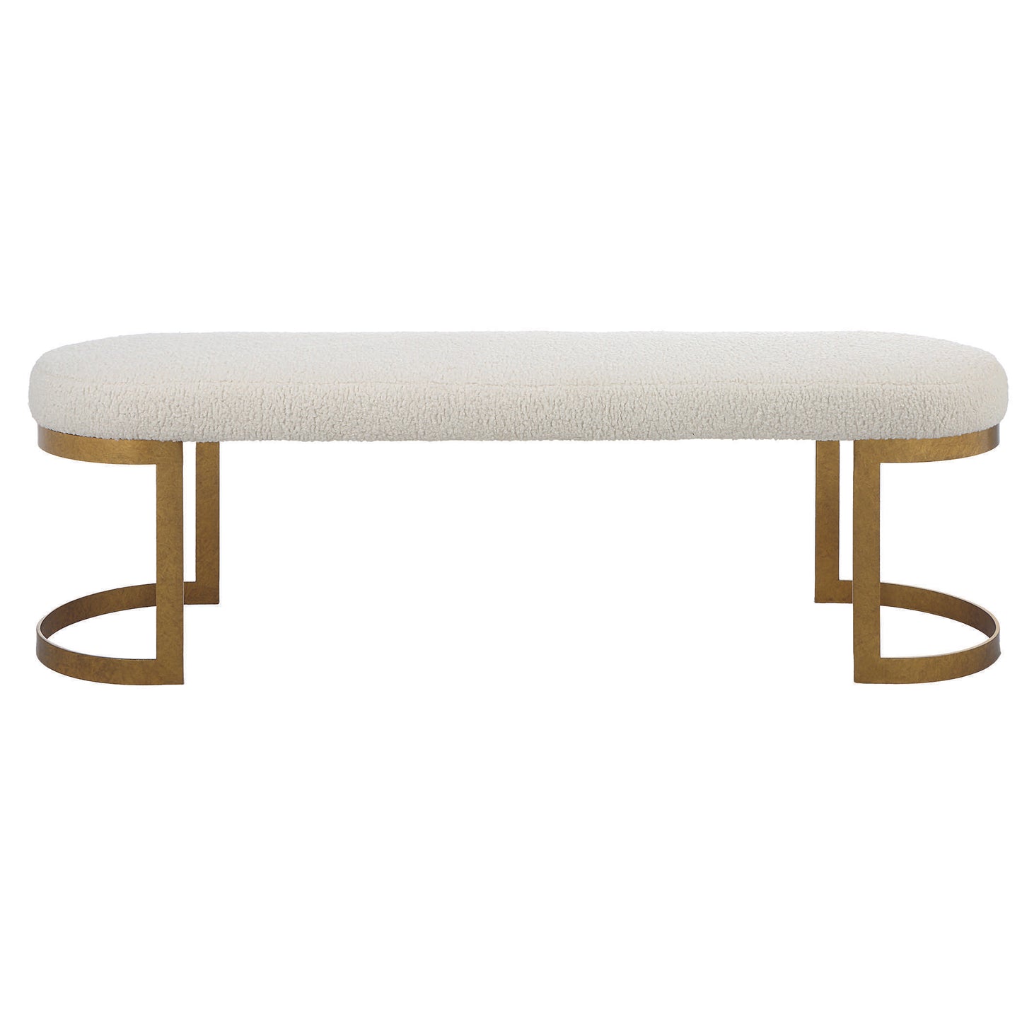 Profile view of a gold bench in a white studio.
