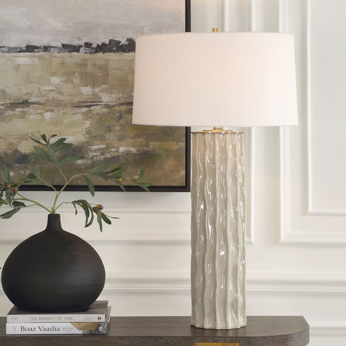 Taupe Ceramic Table Lamp, Fluted