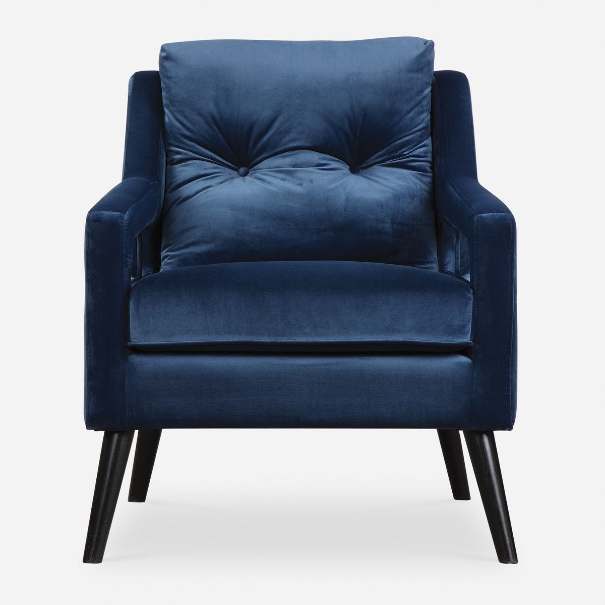 Blue armchair with black legs on a white background