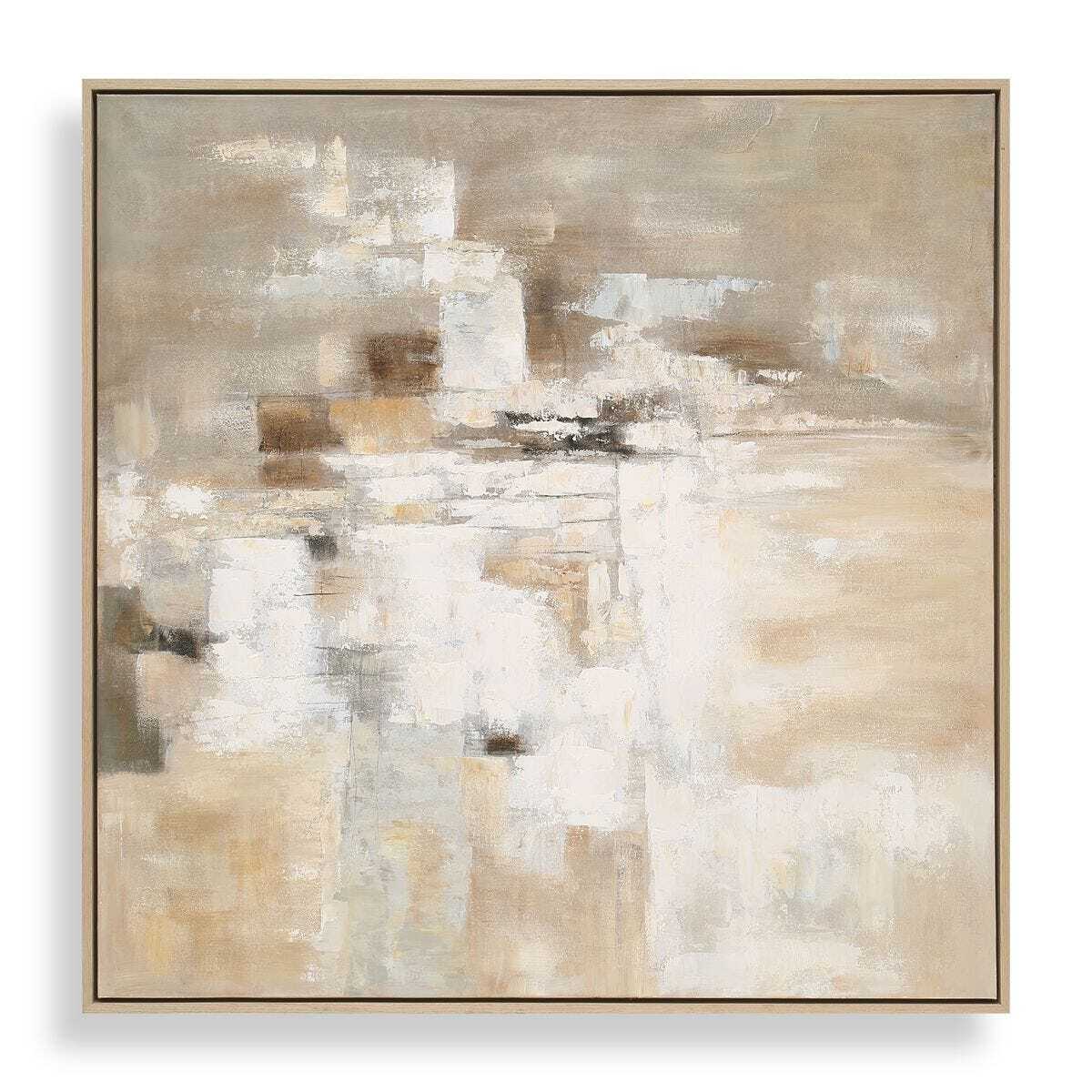 Abstract art painting with beige, brown, and white colors in a gold frame.