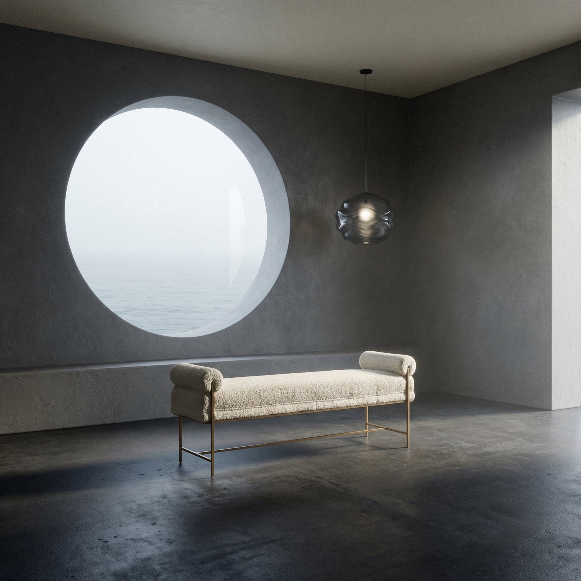 Modern interior with a bench and round window in a dark room with 6- inch long white boucle bench for entry.