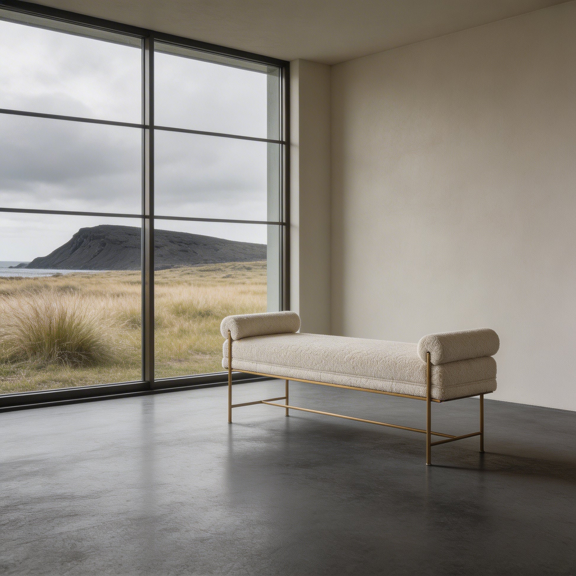 White boucle upholstered bench with gold frame on a white floor and wall
