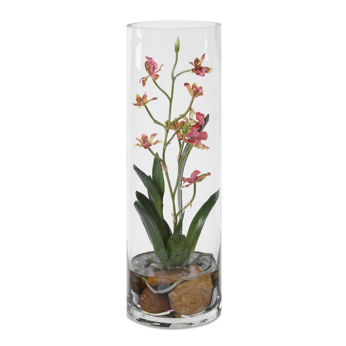 Pink faux orchid arrangement, side view