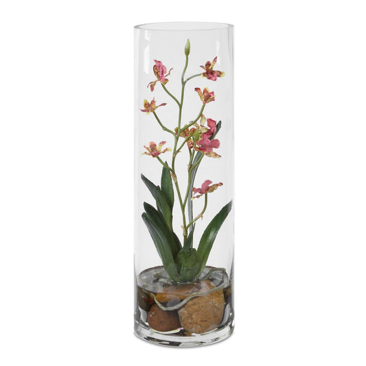 Pink Faux Orchid Arrangement in Glass Vase, 14 Inch