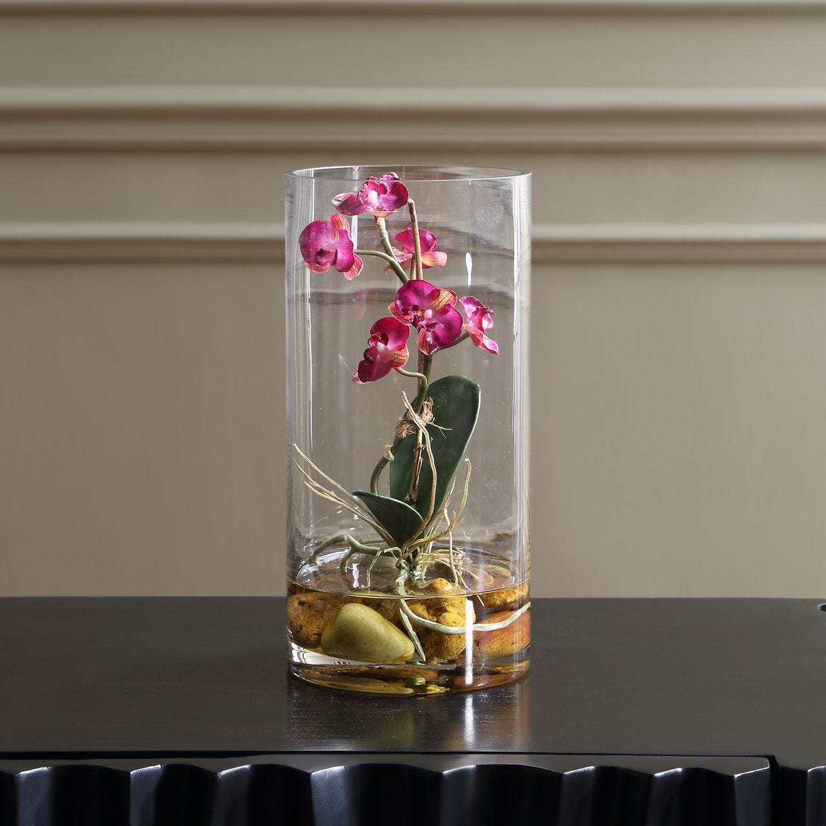 Fuchsia Faux Orchid in Glass Vase with Faux Water, 10 Inch