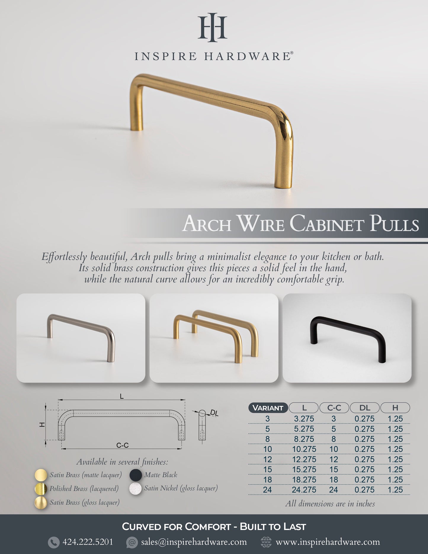 Arch, Solid Brass Wire Cabinet Pulls
