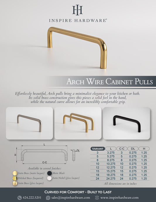 Arch, Solid Brass Wire Cabinet Pulls